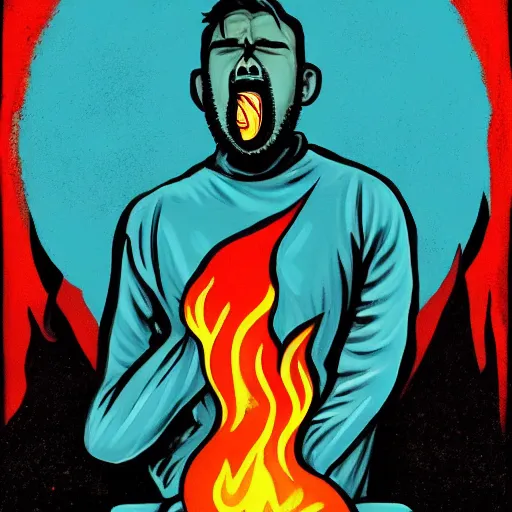 Image similar to a painting of a man with fire coming out of his mouth, poster art by Tim Doyle, behance contest winner, shock art, apocalypse art, artstation hq, poster art