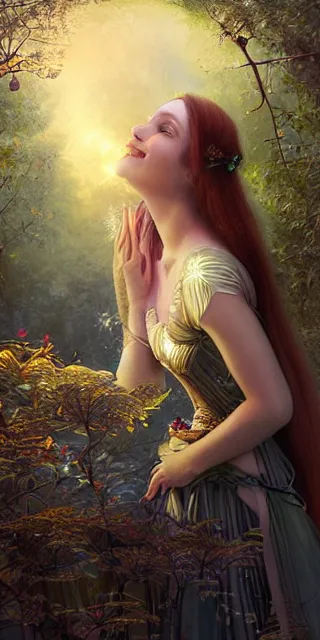 Image similar to young woman, serene smile surrounded by golden firefly lights, amidst nature fully covered by a intricate detailed dress, long red hair, precise linework, accurate green eyes, small nose with freckles, smooth oval shape face, empathic, expressive emotions, spiritual scene, hyper realistic ultrafine art by artemisia gentileschi, jessica rossier, boris vallejo