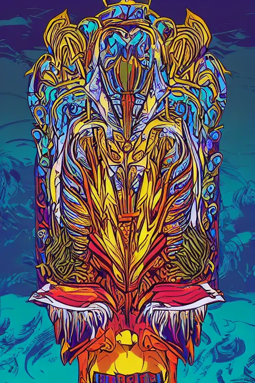 Image similar to animal mask totem roots flower tribal feather gemstone plant wood rock shaman vodoo video game vector cutout illustration vivid multicolor borderlands comics by josan gonzales and dan mumford radiating a glowing aura