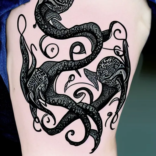 Image similar to kraken and orca, intricate design, award - winning elegant modern tattoo design on white background