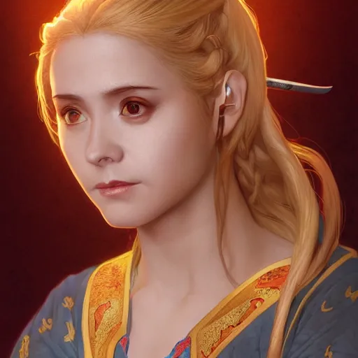 Image similar to a highly detailed portrait of buffy the vampire slayer as a medieval chinese prince, beautiful detail and color, art by john collier and albert aublet and krenz cushart and artem demura and alphonse mucha, volumetric lighting, octane render, 4 k resolution, trending on artstation, masterpiece