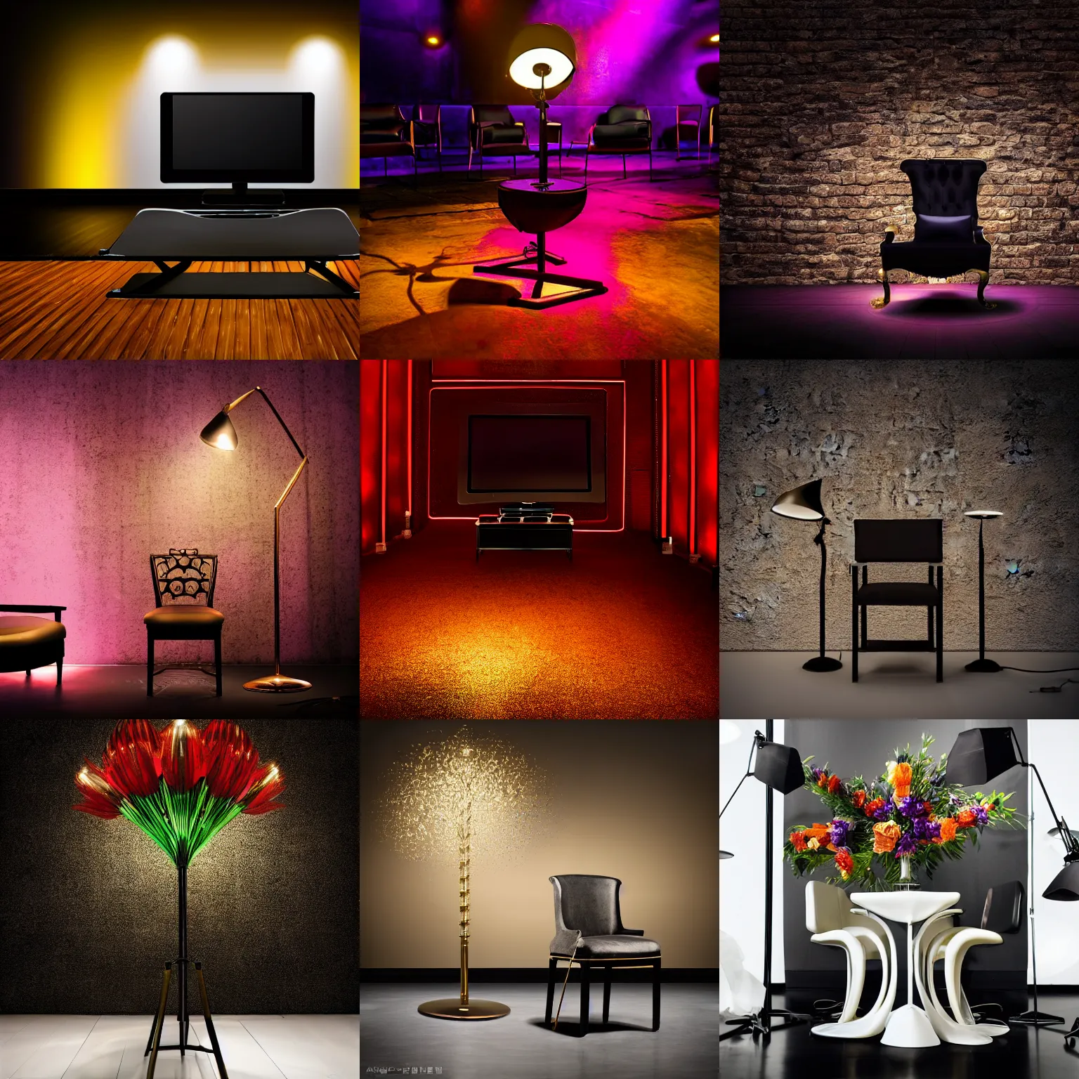Prompt: pitch black studio setting, darkness, high quality, elegance, tv production, pitch black background, single chair brass, standing lamp extravagant, designer, single chair, giant artifical colorful flower bouquet