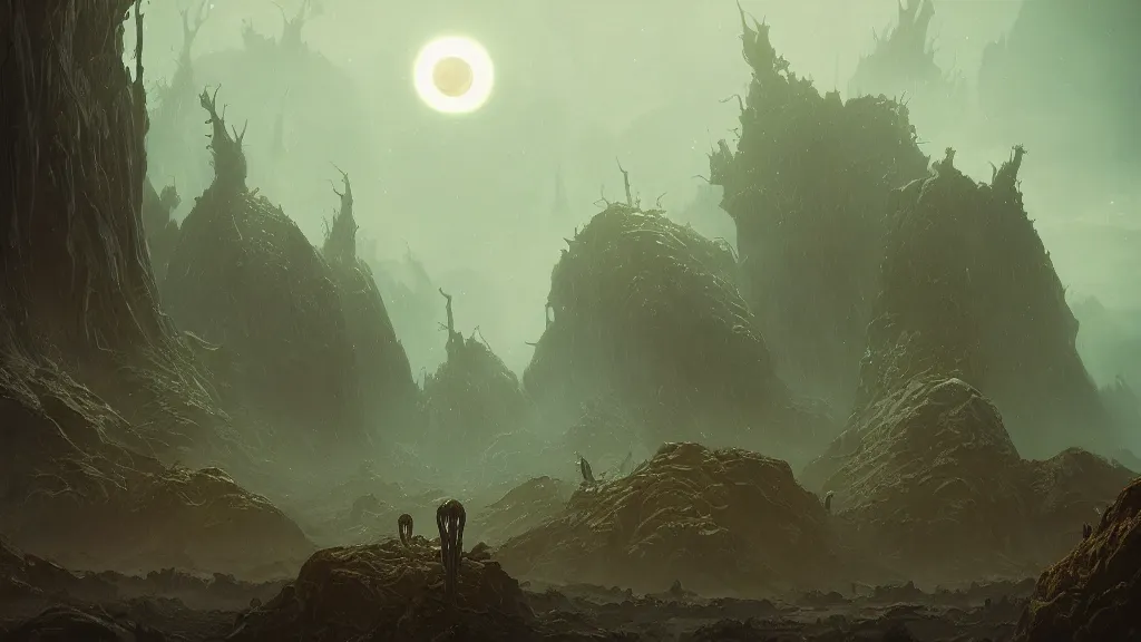 Image similar to eerie atmospheric alien planet with biomechanical plants by les edwards and vincent di fate and anato finnstark, epic cinematic matte painting