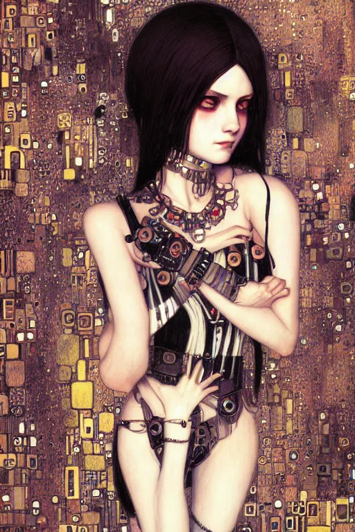 Image similar to portrait of beautiful young gothic maiden, cyberpunk, Warhammer, highly detailed, artstation, illustration, art by Gustav Klimt and Ilya Kuvshinov