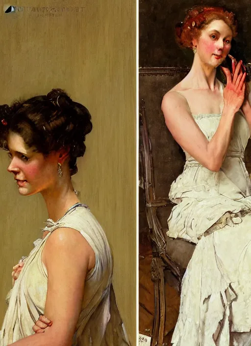 Prompt: illustration upper body and head portrait of elegant woman in summer dress, by norman rockwell, roberto ferri, daniel gerhartz, tom lovell, dean cornwell