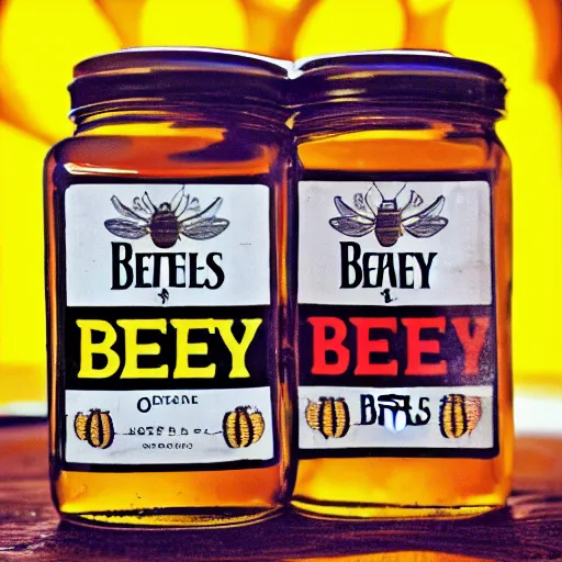 Prompt: !The beatles!, Bee farm, bee's, jars of honey