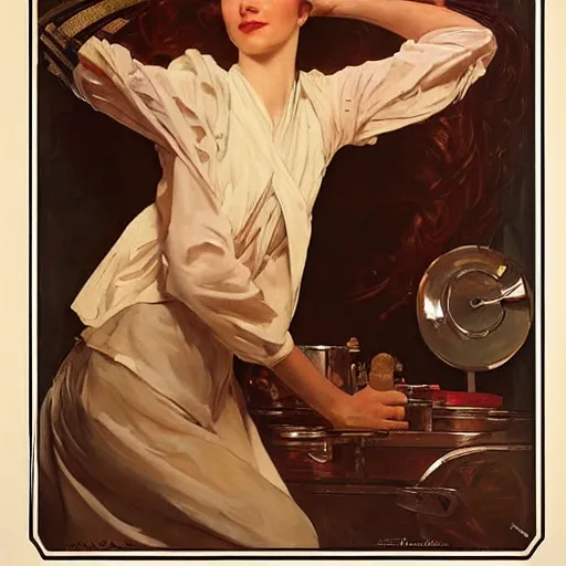 Prompt: portrait of beautiful woman by jc leyendecker, by norman rockwell, by alphonse mucha, by greg rutkowski