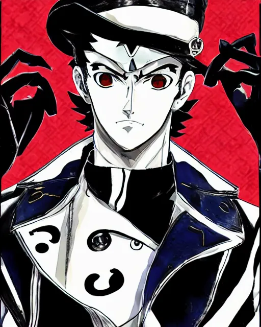 Image similar to Jotaro Kujo in Persona 5, in the style of Persona 5, Persona 5, Persona 5 artwork