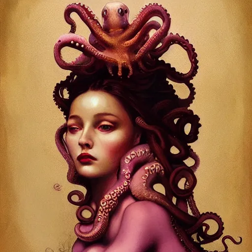Image similar to queen of octopus, portrait, pink and gold, nouveau, beautiful, by Anato Finnstark, Tom Bagshaw, Brom