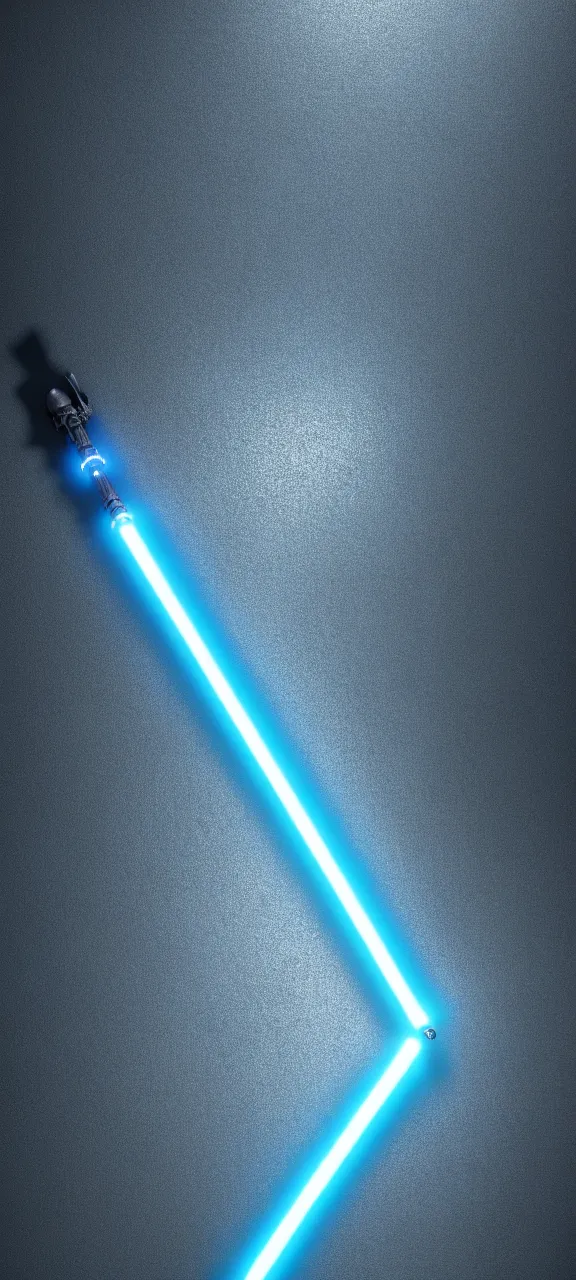 Image similar to detailed cinematic render, of a blue cyberpunk lightsaber lying vertically on a detailed stone floor, in a dark room, photo from above, octane render 8 k, digital art, lightsaber wallpaper 4 k, ray tracing, jedi fallen order lightsaber wallpaper 4 k, cal kestis lightsaber wallpaper