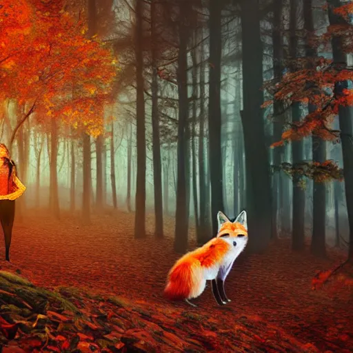 Image similar to A woman with a mystical fox companion, in a autumn forest, lifelike, light rays, volumetric, fox, magic, autumn, digital art, trending on artstation, by Toni Infante