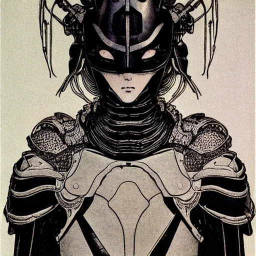 Image similar to prompt : black and white portrait soft light painted by takato yamamoto, black knight armor, inspired by ghost in shell anime, smooth face feature, intricate oil painting, high detail, sharp high detail, manga and anime 1 9 8 0