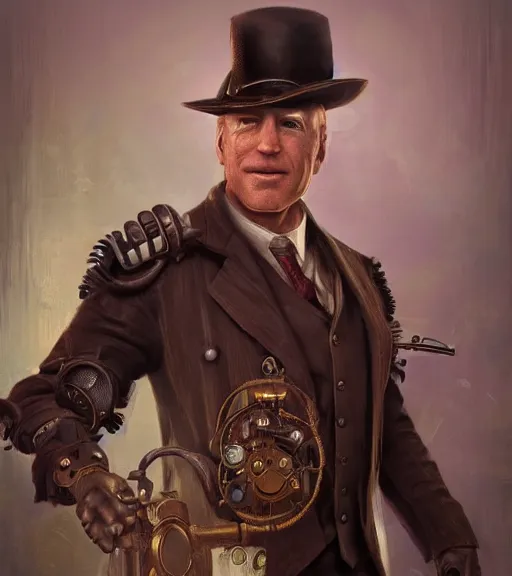 Image similar to portrait of steampunk joe biden cosplaying, by wlop, by simon stalengrad, by ilya repin, bioshock screenshot, photorealistic fan art, detailed shading, intricate abstract, steampunk, expressionism