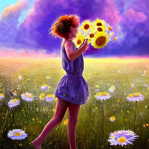 Image similar to head made of giant daisies, girl dancing barefoot in a vast flower field, arms behind back, surreal photography, sunrise dramatic light, impressionist painting, colorful clouds, large sky, digital painting, artstation, simon stalenhag, flower face