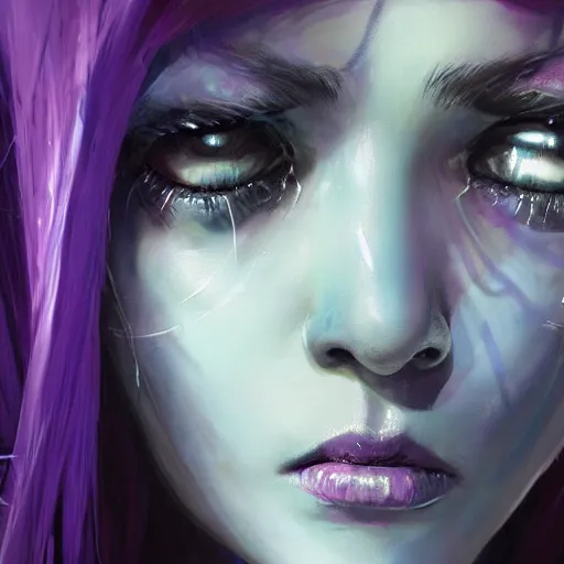 Prompt: extreme close up portrait of a beautiful woman with purple hair in sci - fi armor, sylvanas windrunner, stoic, powerful, by benedick bana and artur bordalo and tom bagshaw and craig davison and guy denning and harumi hironaka, trending on artstation hq, deviantart, pinterest, 4 k uhd image