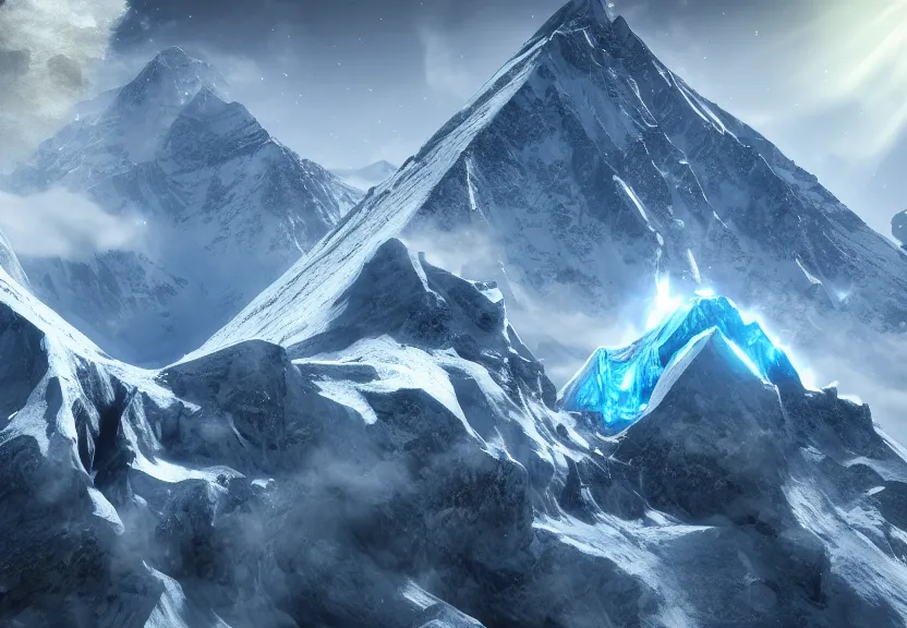 Image similar to protoss spaceship destroying mount everest, crumbling mount everest using photo cannon beams. powerful visual represenation beautiful art uhd 4 k, artstation, hdr, 4 k, incredible detail, cinematic lighting, unreal engine 5