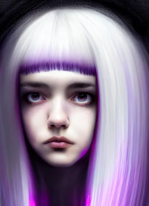 Image similar to hair whitebangs hair, black hair, blackbangswhitehair, portrait of teenage girl with white bangs, red irises, purple clothes, white bangs, bangs are different color from hair, intricate, elegant, glowing lights, highly detailed, digital painting, artstation, concept art, sharp focus, illustration, art by wlop, mars ravelo and greg rutkowski