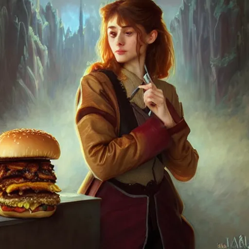 Image similar to Natalia Dyer Eating Big Macs, dripping BBQ Sauce, serving burgers, D&D, fantasy, intricate, elegant, highly detailed, digital painting, artstation, concept art, matte, sharp focus, illustration, hearthstone, art by Artgerm and Greg Rutkowski and Alphonse Mucha