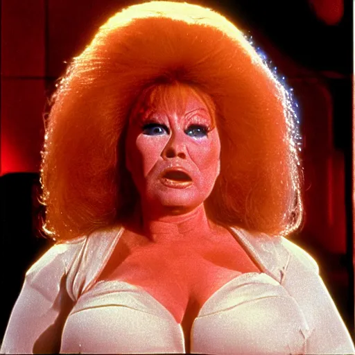 Image similar to a photograph of the “2-weeks” Fat Lady (Priscilla Allen) from the 1990 movie Total Recall where her head splits in two to reveal Arnold Schwarzenegger