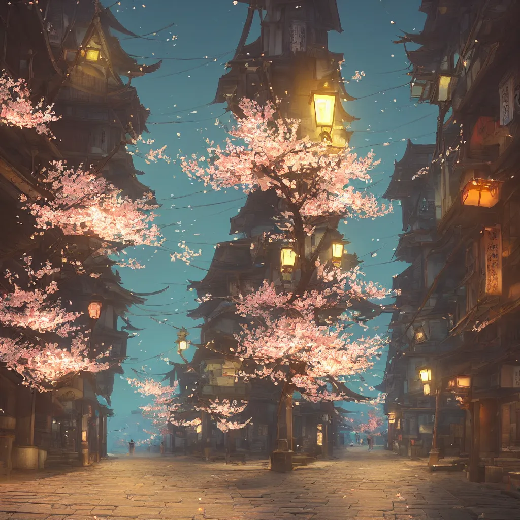 Image similar to Japanese street at night, cherry blossom petals, highly detailed, 3D render, digital art, artstation, 8K photography, matte photo-realistic, vivid colors, moody cool temperature, by Hayao Ghibli Miyazaki, breath of the wild style