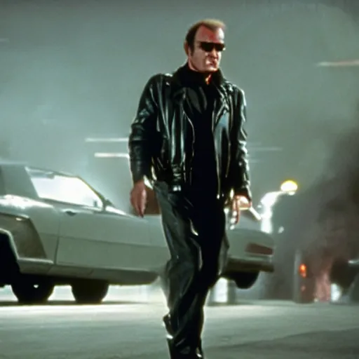 Prompt: Jack Nicholson plays Terminator, wearing leather jacket, red eye, VFX film