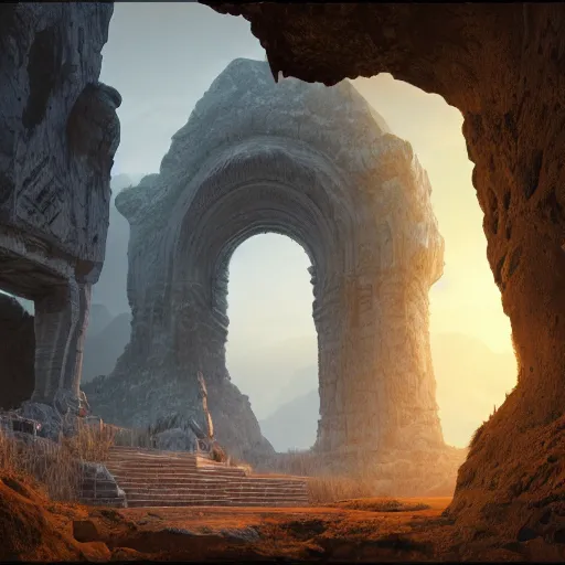 Prompt: 3d render of the entrance to a dungeon of the gods at the base of an ancient mountain, realistic lighting, cinematic lighting, rule of thirds, ligne claire, lit by morning light, by Raphael Lacoste and John Howe and Andreas Rocha, unreal engine, featured on artstation, ultrawide angle, f8, polarizer filter