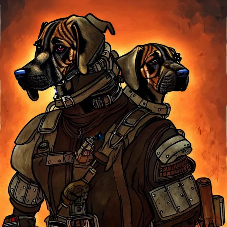 Image similar to a good ol'bloodhound pup fursona ( from the furry fandom ), heavily armed and armored facing down armageddon in a dark and gritty version from the makers of mad max : fury road. witness me.