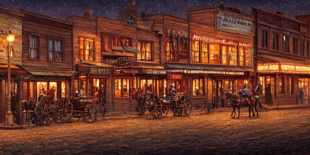 Image similar to photorealist painting of wild west small town, western, old west, nighttime, high production value, intricate details, high resolution, hyperrealistic, hdr, high definition, masterpiece, ultra realistic, highly detailed, hd, sharp focus, non blurry, sharp, smooth