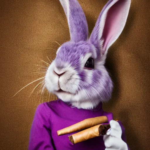 Image similar to professional photography of a violet rabbit smoking a cigar