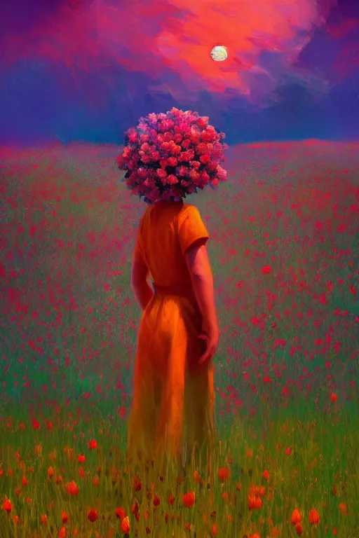 Image similar to closeup, giant flower head, girl standing in a field of flowers, surreal photography, sunrise, blue sky, dramatic light, impressionist painting, digital painting, artstation, simon stalenhag