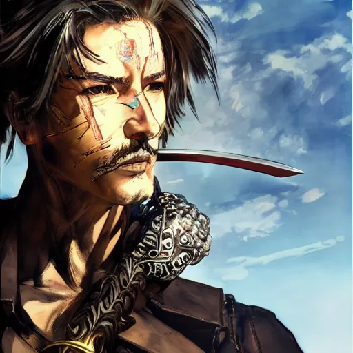 Prompt: portrait of a hero holding his sword in front of his face by yoji shinkawa, high quality, extra details, realism, ornate, colored, golden chain, blood, white skin, short hair, brown eyes, vivid, sunlight, dynamic, american man, freedom