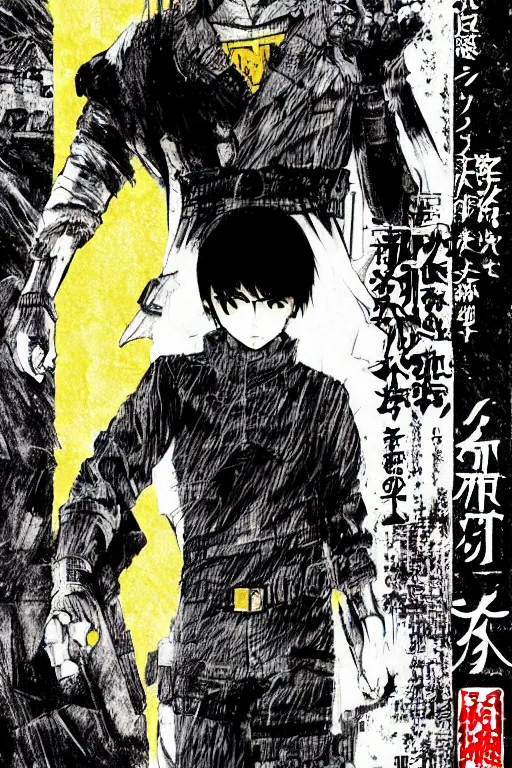 Image similar to professionally drawn seinen mature cyberpunk police horror action manga comic cover, dramatic, beautifully drawn coherent professional, drawn by ilya kuvshinov, ilya kuvshinov, satoshi kon, kentaro miura, dave mckean, tsutomu nihei. japanese script kanji hiragana on the cover. minimalist stylized cover art. yellow purple cel shaded