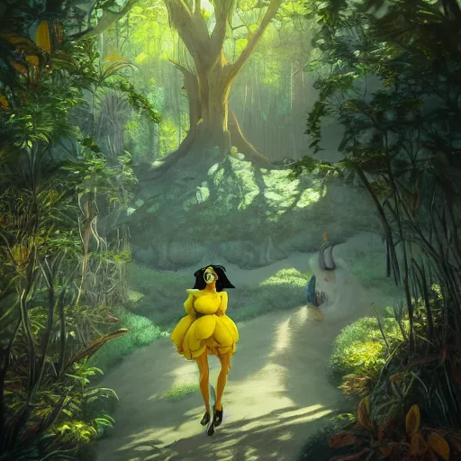 Image similar to concept art painting of an anthropomorphic salvador dali wearing yellow dress, in the deep forest, realistic, detailed, cel shaded, in the style of makoto shinkai and greg rutkowski and james gurney