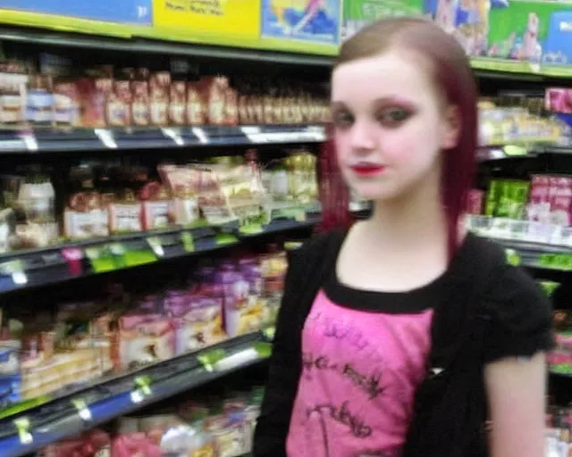 Prompt: poor quality digital photo of a goth emo girl at tesco, 2 0 0 7