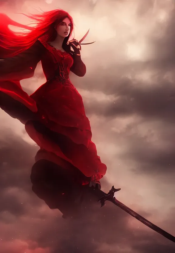 Image similar to a beautiful fierce long black haired woman wearing red dress wielding black sword posing heroically, heavenly moonlit clouds background, close up shot, artstation, extremely detailed woman, stunning volumetric lighting, hyper realism, fantasy 4k