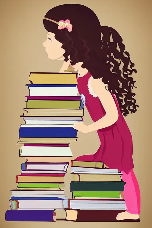 Prompt: a little girl with wavy curly light brown hair sits on a tall pile of books. she is reading. clean pretty cartoon painting, beautiful detailed face.