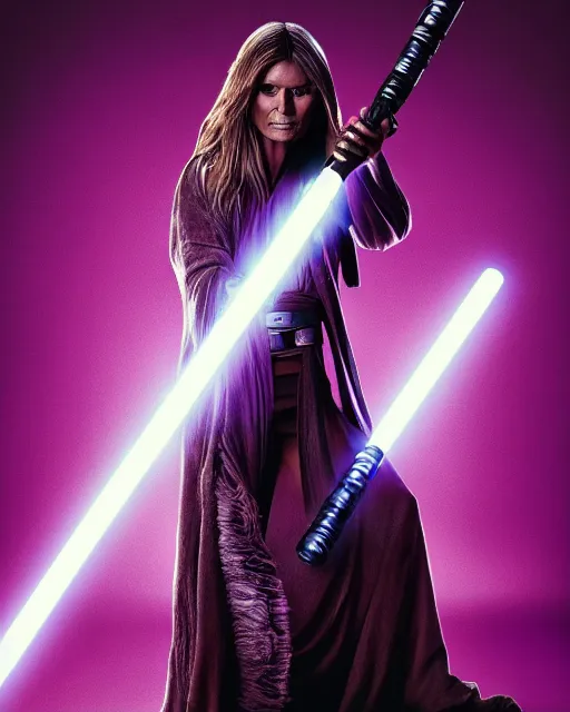 Image similar to heidi klum as a jedi with ripped and damaged clothes holding a purple lightsaber in her hands, very dark background, official star wars episode xii movie poster, perfect symmetrical face, moody lighting, 8 k, shallow depth of field, intricate detail,