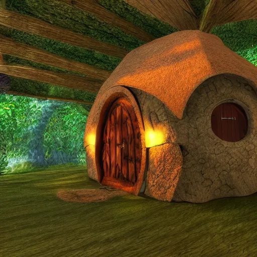Prompt: hobbit house as a scene from quake 3, digital art
