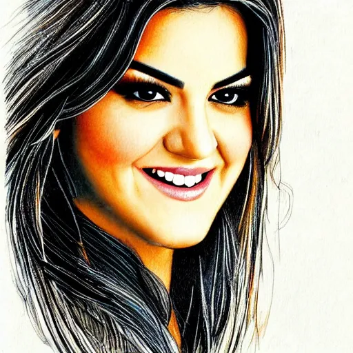 Image similar to joyful look in her eyes Maite Perroni in 2005 close-up portrait looking straight on, complex artistic color ink pen sketch illustration, full detail, gentle shadowing, fully immersive reflections and particle effects, chromatic aberration.