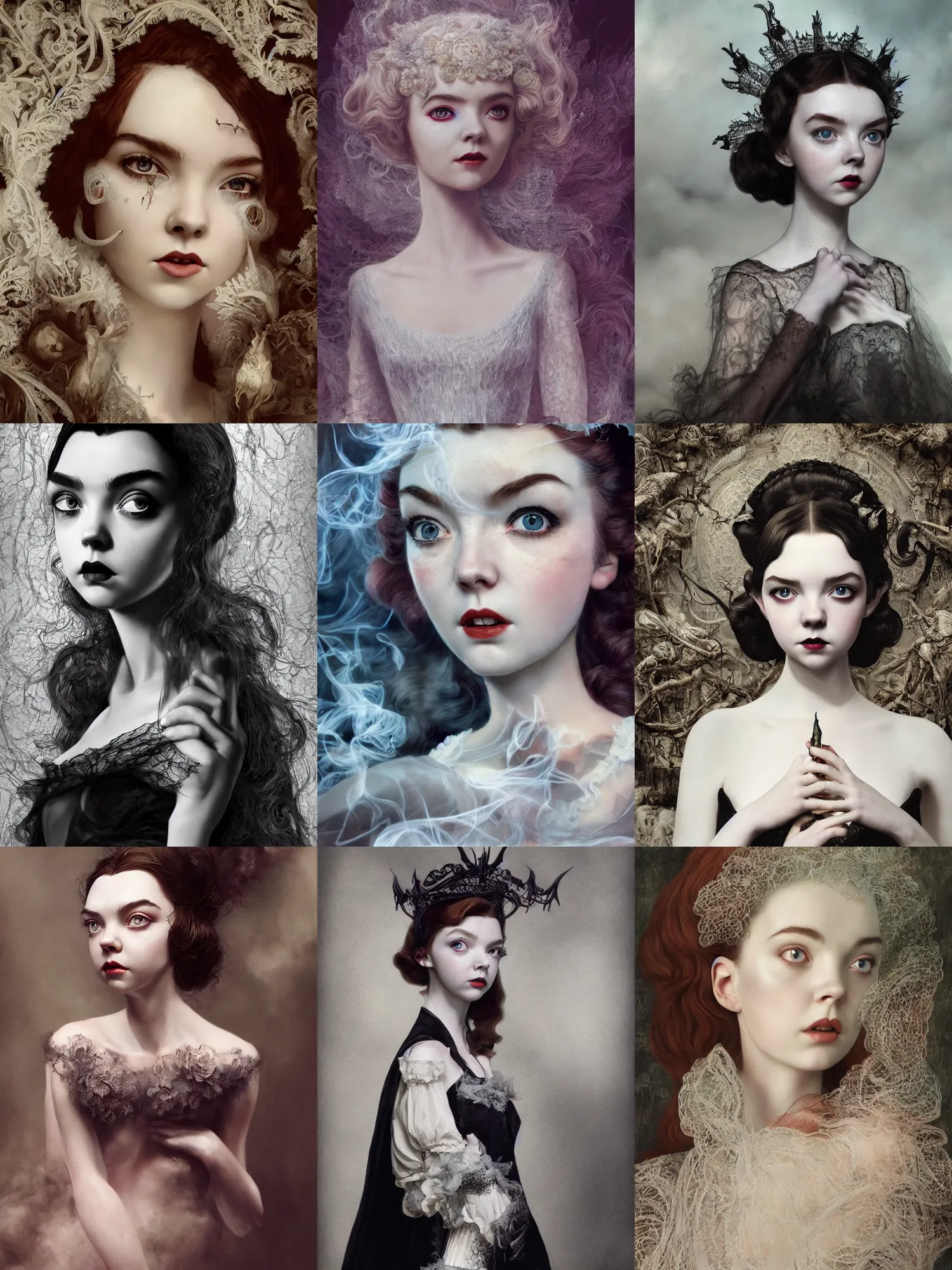 Prompt: a mix of of lily cole, anya taylor - joy and audry hepburn, evil sorceress, evil, victorian manor, hyperrealism, octane render, extremely detailed, intricate smoke magic, lace, style of mark ryden, earl nore, hyung tae, frank frazetta