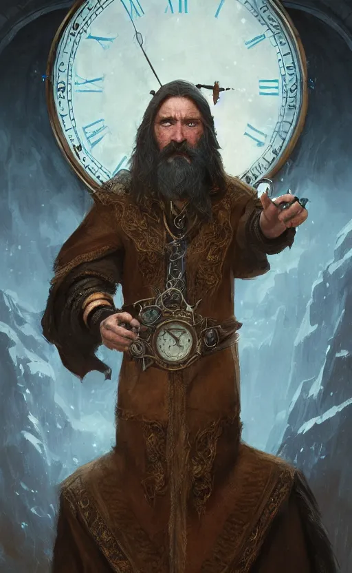 Image similar to portrait of a middle aged elf with a long beard, dressed in a blue cloak with clock iconography, brown hair, raised hand, detailed face, fantasy, highly detailed, cinematic lighting, digital art painting by greg rutkowski