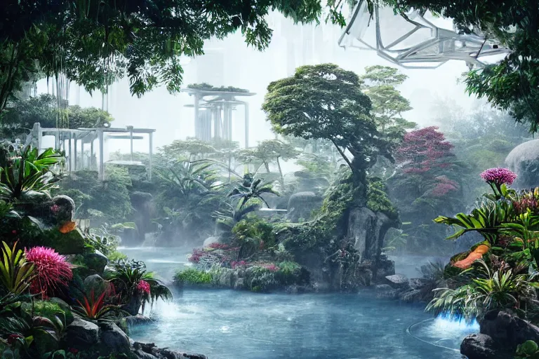 Image similar to brutalist futuristic white Aztec structures, manicured garden of eden, vivid pools and streams, tropical foliage, bromeliads, azaleas, Japanese maples, birds, sculpture gardens, Winter, by Jessica Rossier and Brian Froud