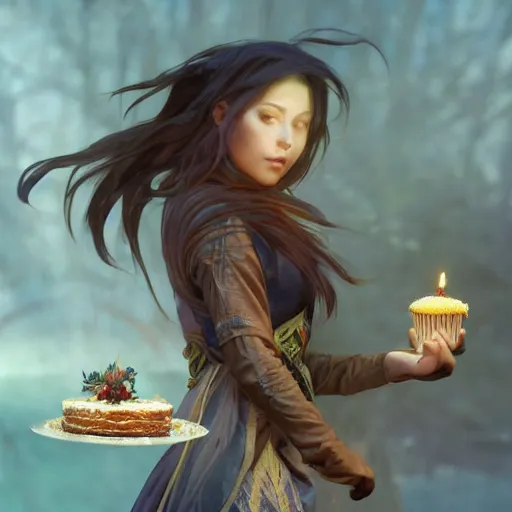 Prompt: a wizard enjoying their birthday cake, art by artgerm and greg rutkowski and alphonse mucha, concept art, octane render, unreal engine 5, highly detailed, high quality, 8 k, soft lighting, realistic face, path traced