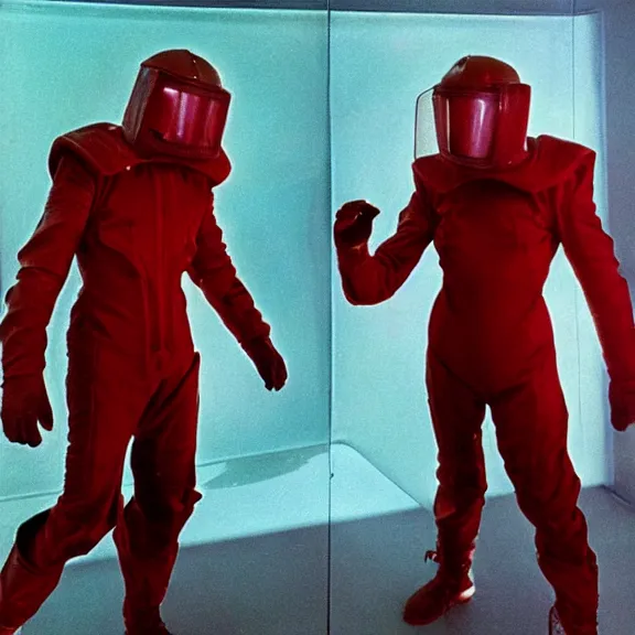 two time travelers wearing red rick owens pilot suits | Stable ...