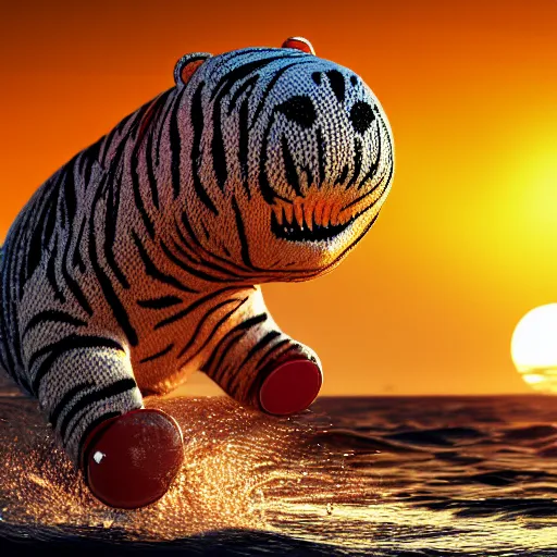 Image similar to a closeup photorealistic photograph of a cute smiling knitted tiger hippopotamus chasing a beachball at sunset. surf in the background. professional capture. this 4 k hd image is trending on artstation, featured on behance, well - rendered, extra crisp, features intricate detail, epic composition and the style of unreal engine.