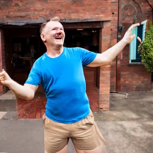 Image similar to a happy english irish middle aged man with brown moptop hair and red cheeks is wearing a blue tshirt and shorts. he dances with his arms excitedly like a chicken in his kitchen