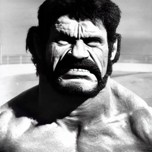 Image similar to hulk with the face of jacque fresco