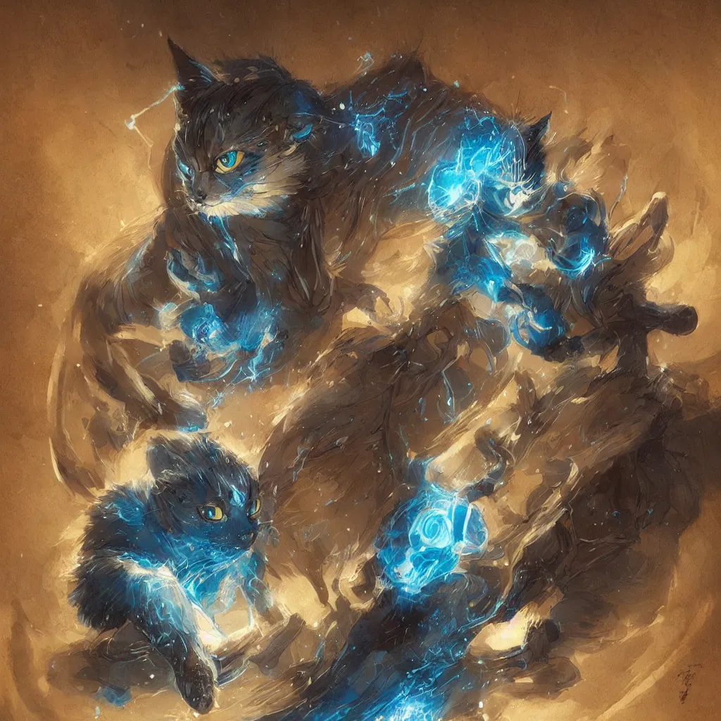 Prompt: anime cat with cloak sitting on a magical wood carved chair, super powers, glowing tiny blue lines, concept art, by greg rutkowski, overdetailed art