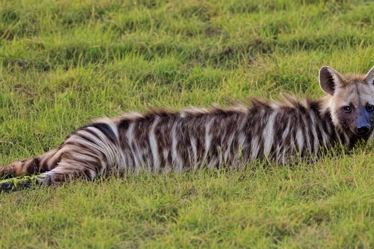 Image similar to striped hyena laying in between the green in savannah, sunset, zoomed out, birds - eye - view