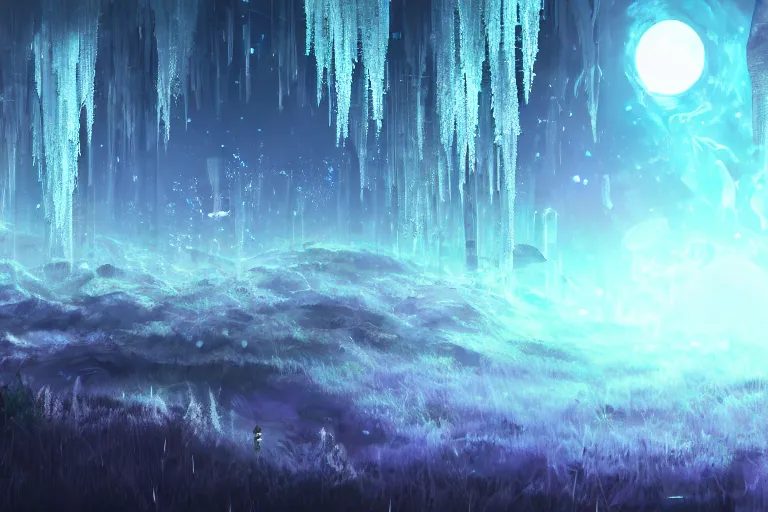 Image similar to scenery artwork, scene beautiful, light essence bioluminescent acrylic and cold nier automata pixiv scenery artwork : nature dream wire vegetation magic density infinite, macro seminal dream points of icy, frozen vaporwave shards tempted to turn into a dream scenery, high quality topical render, nier automata, concept art